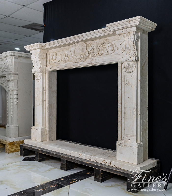 Marble Fireplaces  - Floral Scrollwork Mantel In Italian Ivory Travertine - MFP-2539